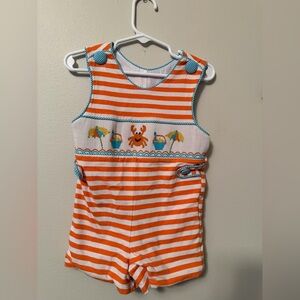 Three Sisters Crab and Beach Smocked Orange and White Striped Romper